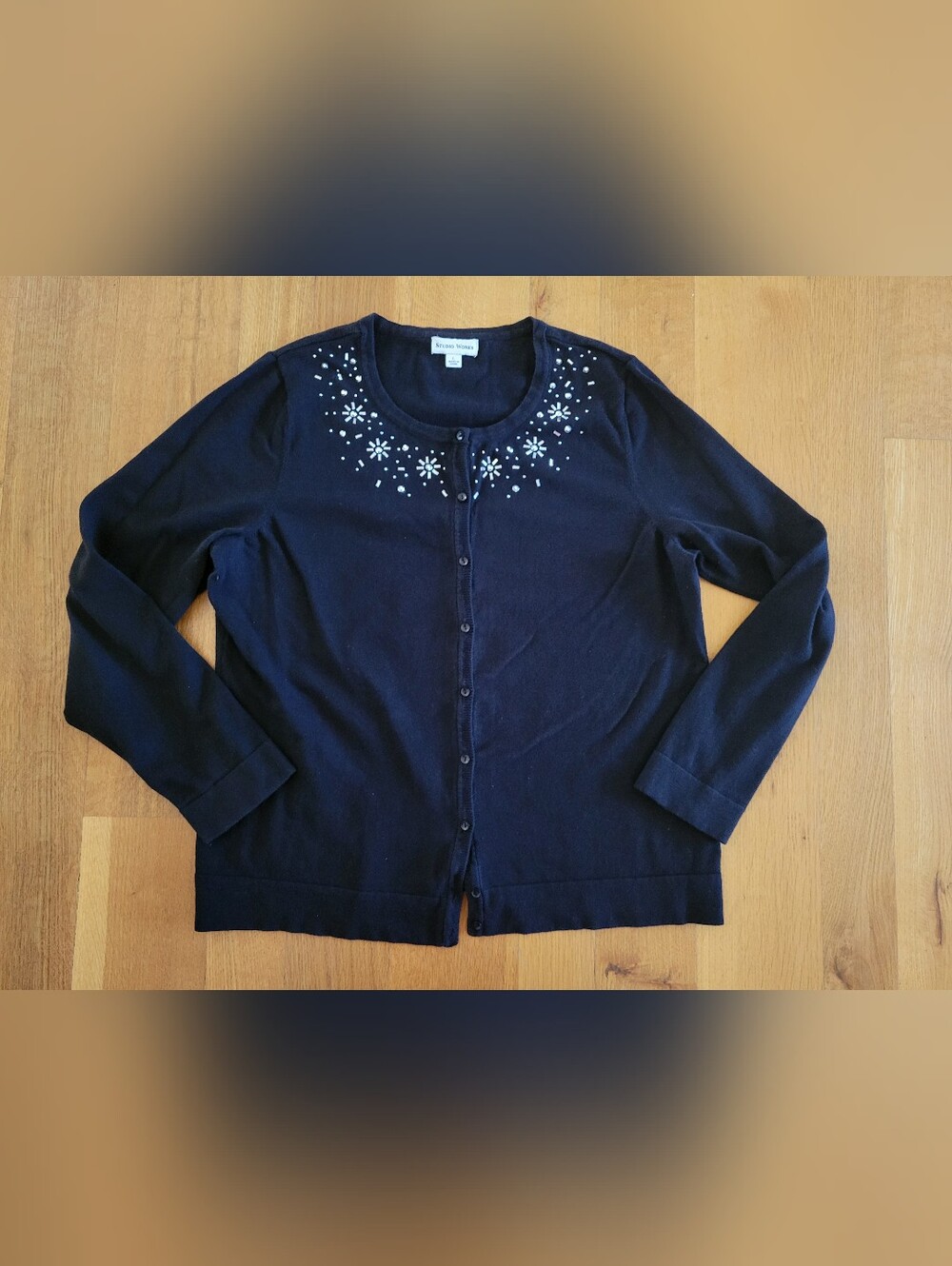 Women's Size Large Black Embellished Button-Up Cardigan Sweater